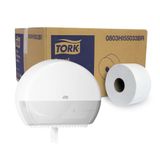 Kit: 1 Dispenser Jumbo Mini T2 + 1 caixa de papel higiênico Tork folha simples 8 rolos de 300m